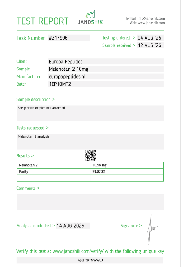 Melanotan 2 10mg lab test report (Janoshik) - batch 1EP10MT2